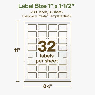Avery Hemp Rectangle Laser/Inkjet Multipurpose Labels, 1" x 1-1/2", Off-White (2560/Box)