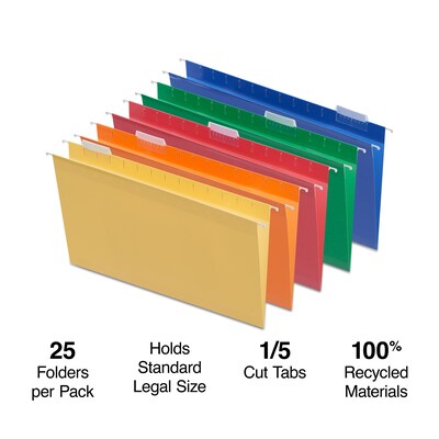 Staples® Heavy Duty Reinforced Hanging File Folders, 5-Tab, Legal Size, Assorted Colors, 25/Box (TR1