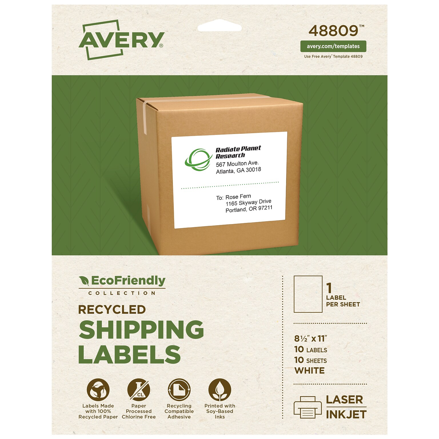 Avery EcoFriendly Shipping Labels, Matte White, 8-1/2 X 11, Laser/Inkjet, 1 Label/Sheet, 10 Labels Total (48809)