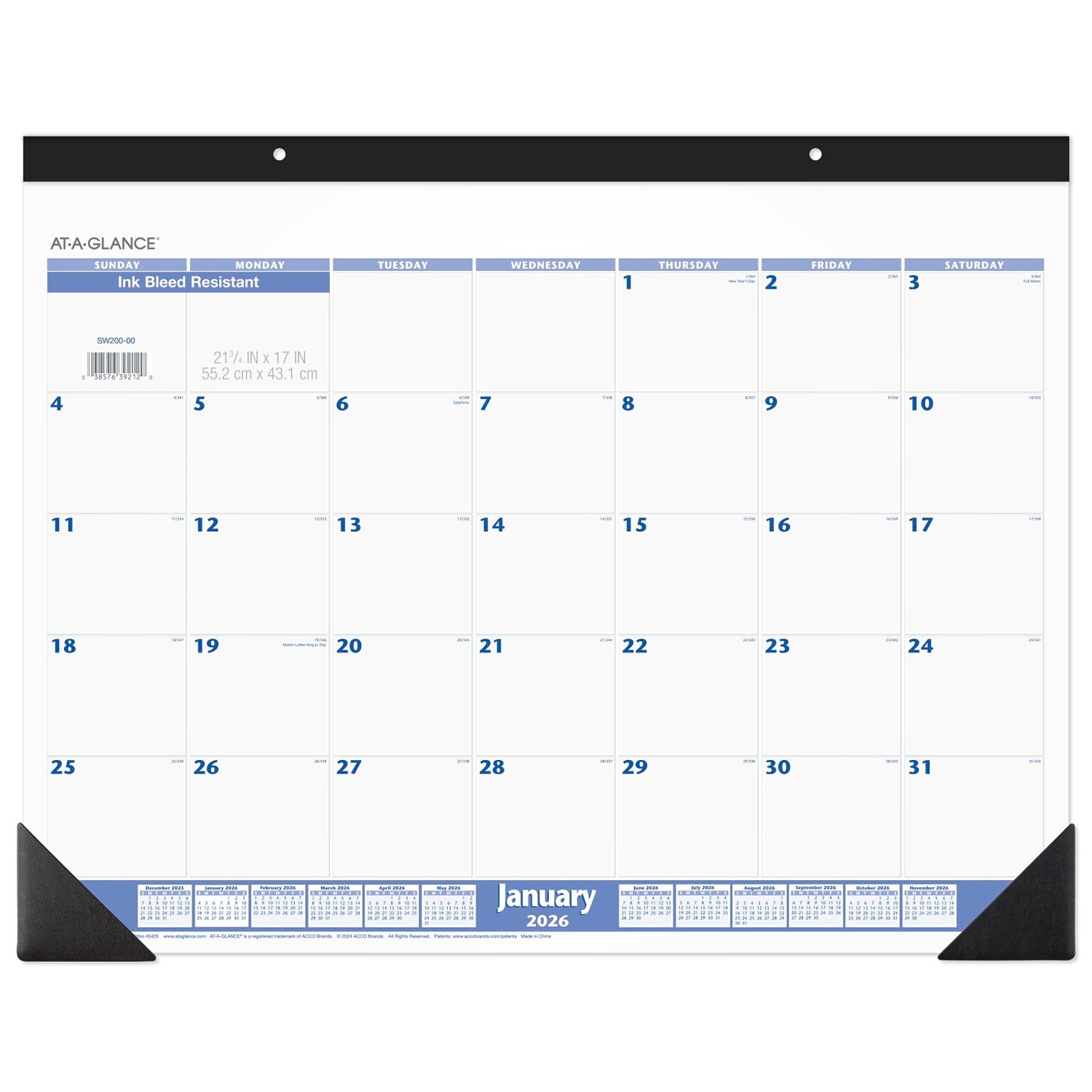 2026 AT-A-GLANCE 21.75 x 17 Monthly Desk Pad Calendar, White/Blue (SW200-00-26)
