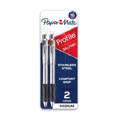 Paper Mate Profile Metal Barrel Retractable Ballpoint Pen, Medium Point, Black Ink, 2/Pack (2130513)