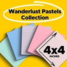 Post-it Recycled Super Sticky Notes, 4 x 4, Wanderlust Pastels Collection, Lined, 90 Sheets/Pad, 6