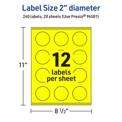 Avery Laser/Inkjet Multipurpose Circle Labels, 2" Dia., Neon Yellow, 240/Pack (94501)
