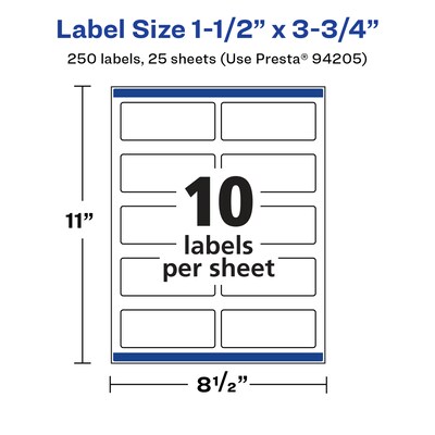 Avery Laser/Inkjet Rectangle Multipurpose Labels, 3.75"  x 1.5", Glossy White, 250/Pack (94205)