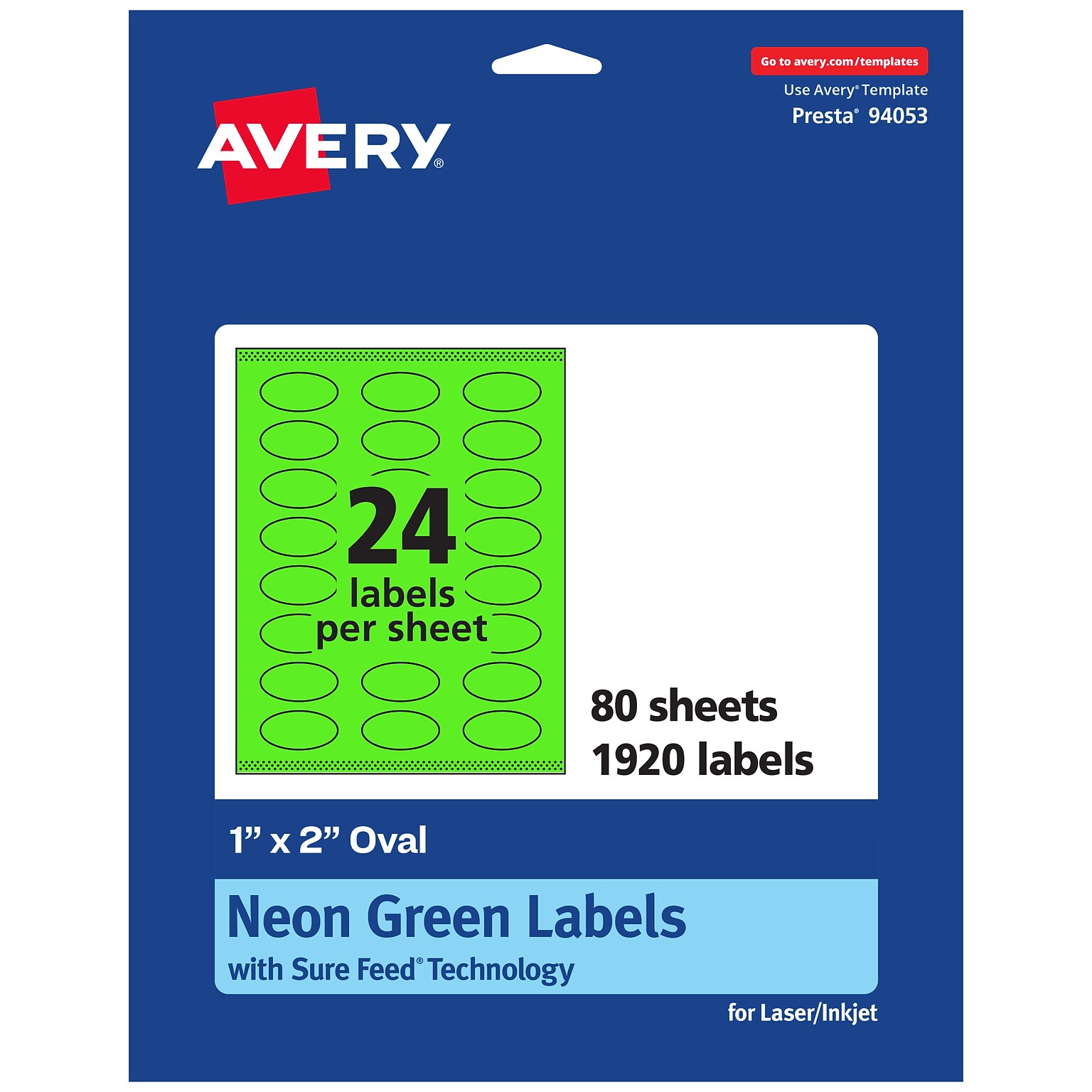 Avery Laser/Inkjet Multipurpose Oval Labels, 1 x 2, Neon Green, 1920/Box (94053)