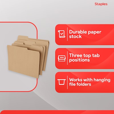 Staples File Folders, 1/3-Cut Tab, Letter Size, Kraft, 100/Box (ST509315-CC)