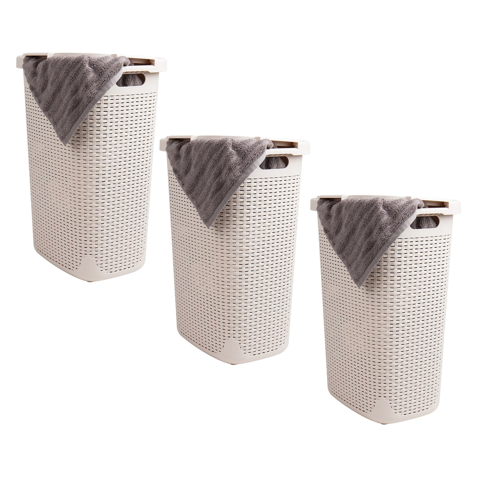 Mind Reader 15.8 Gallon Hamper with Lid, Plastic, Ivory, 3/Pack (3PK60HAMP-IVO)