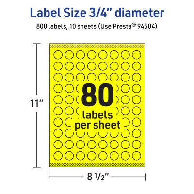 Avery Laser/Inkjet Multipurpose Circle Labels, 0.75" Dia., Neon Yellow, 800/Pack (94504)