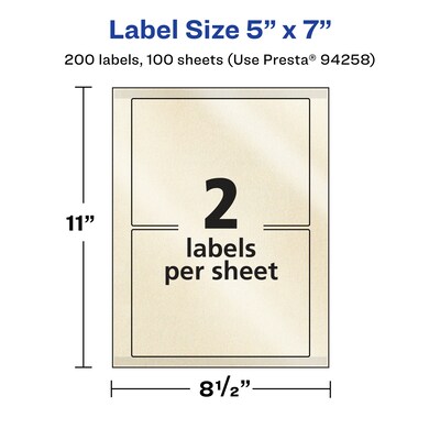 Avery Pearlized Ivory Rectangle Multipurpose Labels, 5" x 7", Ivory, 200/Box (94258)