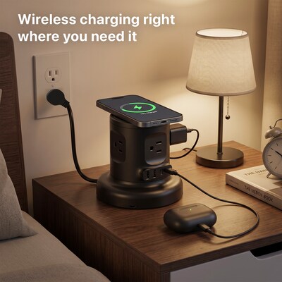 Uncaged Ergonomics USB-C Wireless 6 ft. Retractable Power Strip with 15W Wireless Charger, 4-Outlet, Black (WRPS-2-Black)