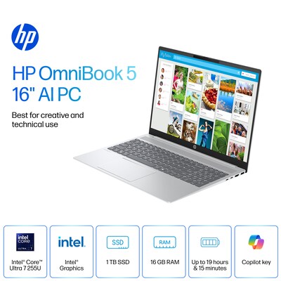 HP OmniBook 5 16 2K AI Laptop, Intel Core Ultra 7 255U, 16GB RAM, 1TB SSD, +19.25 hours battery, Wi