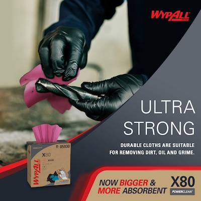 WypAll PowerClean X80 Cloths, 8.34" x 16.8", Red, 76 Sheets/Box, 5 Boxes/Carton (05930)