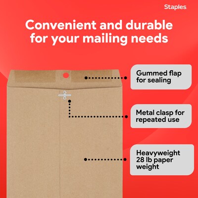 Staples Clasp & Moistenable Glue #10 Catalog Envelope, 9" x 12", Natural Brown, 100/Box (ST19964-CC)