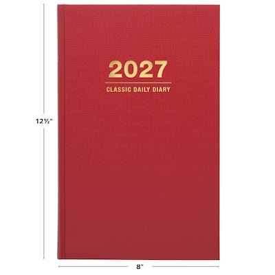 2027 Excello Brands Daily Diary Journal 8" x 12" Daily Planner, Paperboard Cover, Red (NRY27-CD68-RD)