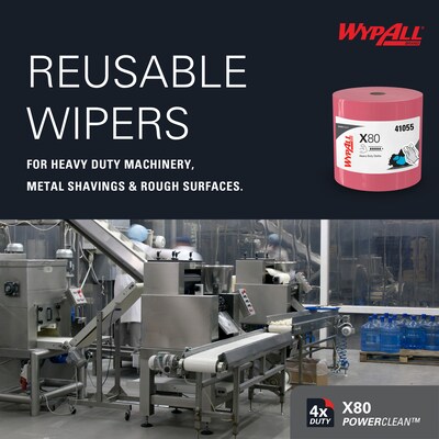 WypAll PowerClean X80 Cloth Cleaning Wipers, 16.8" x 12.5", Red, 475 Sheets/Roll (41055)
