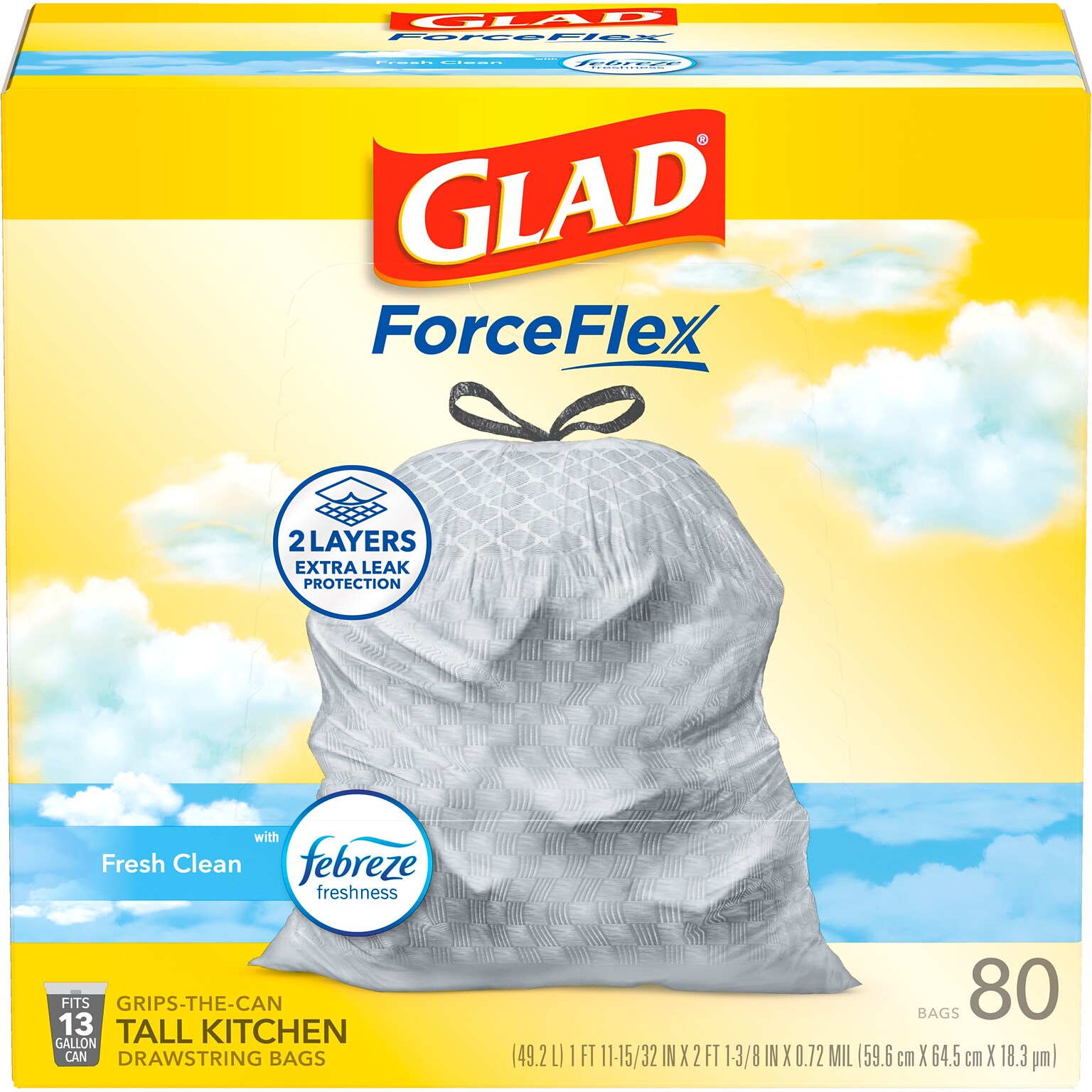 Glad ForceFlex Tall Kitchen Drawstring Trash Bags, 13 Gallon, Fresh Clean scent with Febreze Freshness, 80/Box(78534)