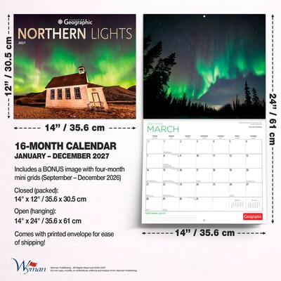 2027 BrownTrout Canadian Geographic Northern Lights 14" x 12" Monthly Wall Calendar, Assorted Colors (9781525617607)