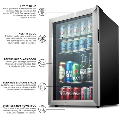 Ivation Freestanding Mini Fridge w/ Glass Door, 126 Can Capacity, Stainless Steel (IVABC1260SS)