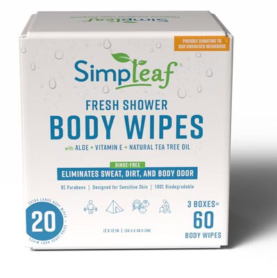 Simpleaf Fresh Shower Body Flushable Wipes, 12 x 12, 20 Single Wipes/Box, 3 Boxes/Carton (S-008-60