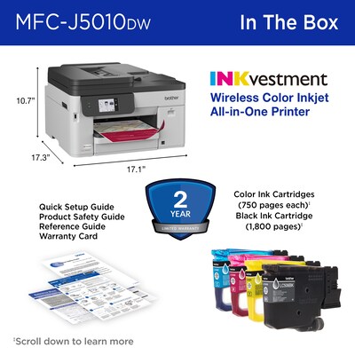 Brother INKvestment MFC-J5010DW Wireless Color All-In-One Inkjet Printer, Best for Home Office
