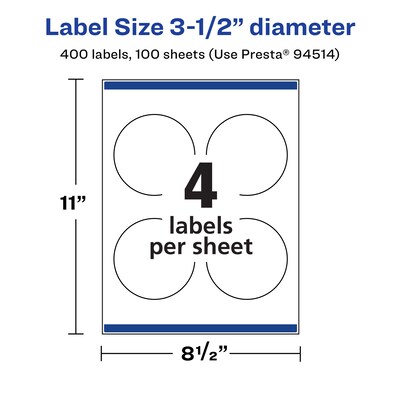 Avery Laser/Inkjet  Round Multipurpose Labels, 3.5" Dia., White, 400 Labels/Box (94514)