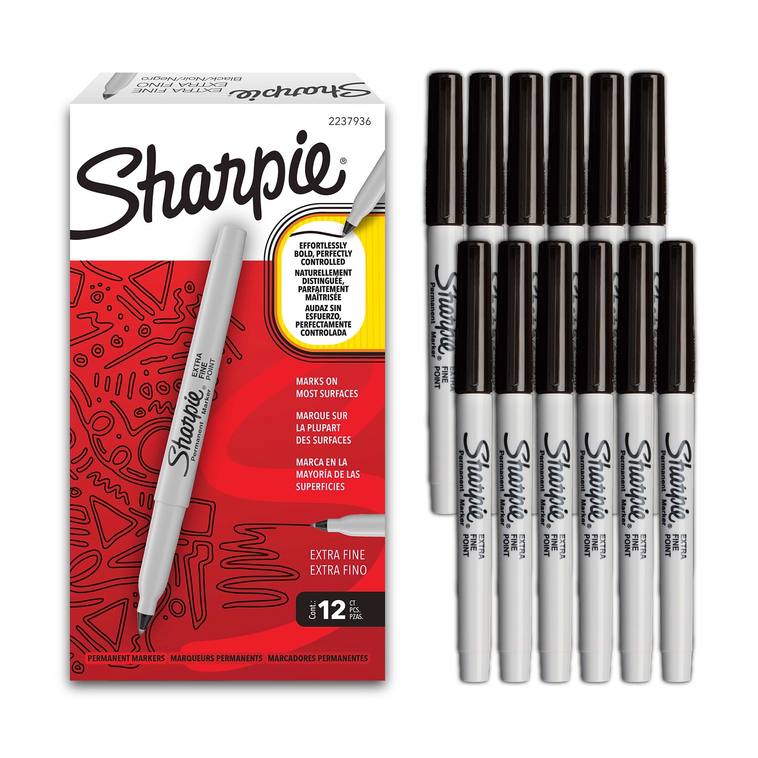 Sharpie Permanent Markers, Extra Fine Point (0.4mm), Black, 12/Box (2237936 )