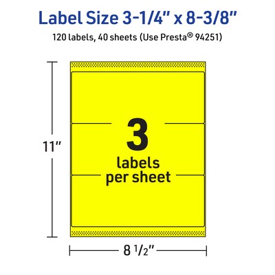 Avery Rectangle Laser/Inkjet Multipurpose Labels, 3-1/4" x 8-3/8", Neon Yellow (120/Box)