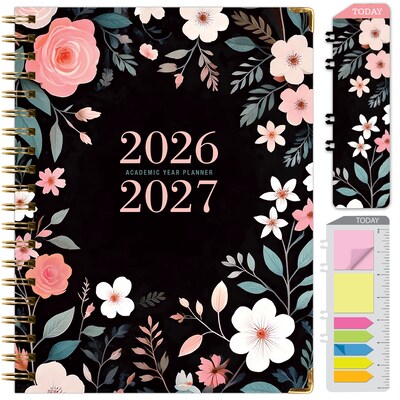 2026-2027 Excello Brands 8.5 x 11 Academic Weekly & Monthly Planner, Paperboard Cover, Black Floral Pink (FSHN-AY26-8511-06)
