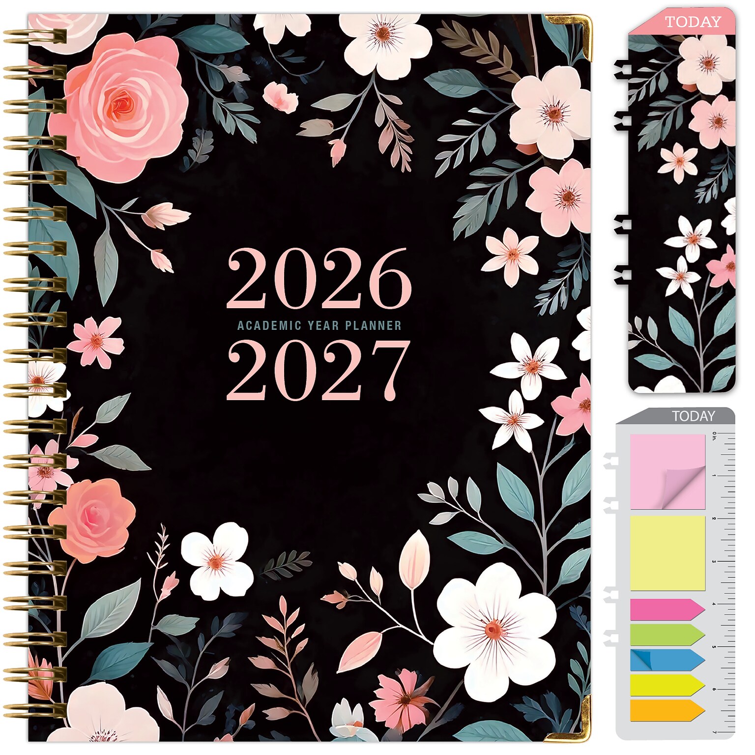 2026-2027 Excello Brands 8.5 x 11 Academic Weekly & Monthly Planner, Paperboard Cover, Black Floral Pink (FSHN-AY26-8511-06)