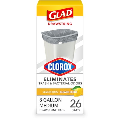 Glad Medium Drawstring Trash Bags with Clorox, 8 Gallon, Grey, Lemon Fresh Bleach Scent, 26/Box(7931