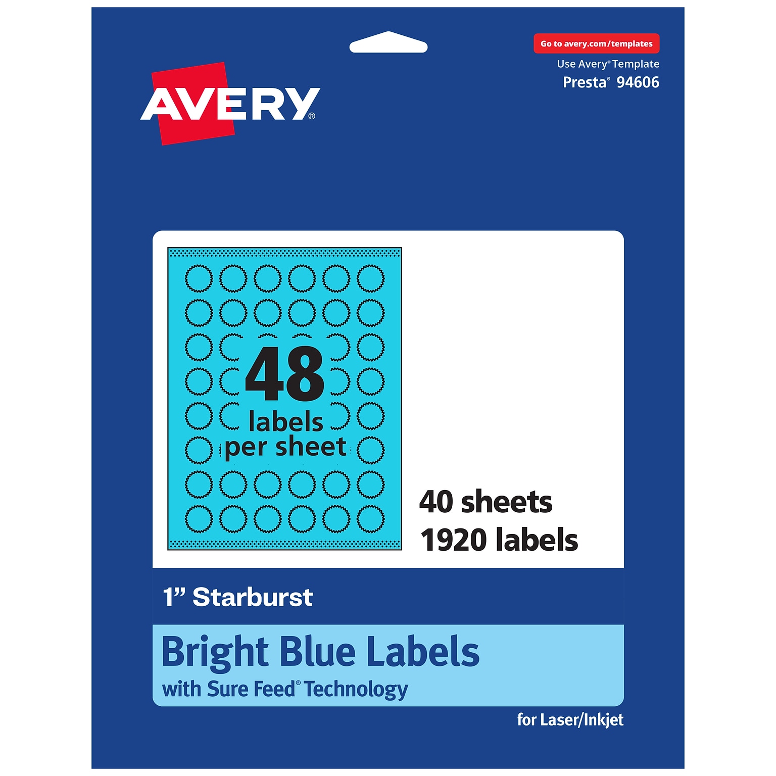 Avery Printable Burst Multipurpose Labels, 1, Bright Blue, 1920/Pack (94606)