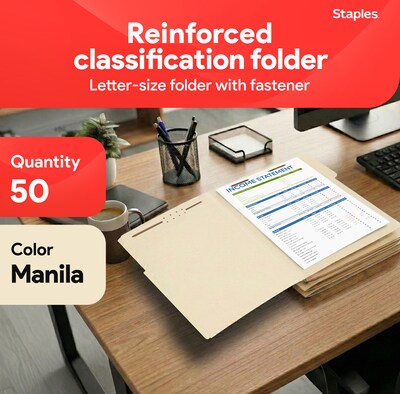 Staples Reinforced  Classification Folder, 3/4 Expansion, Letter Size, Manila, 50/Box (ST831099/831099)