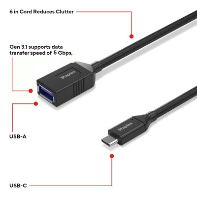Staples TECH USB-C to USB A Audio/Video Adapter, Male to Female, Black (ST62385)