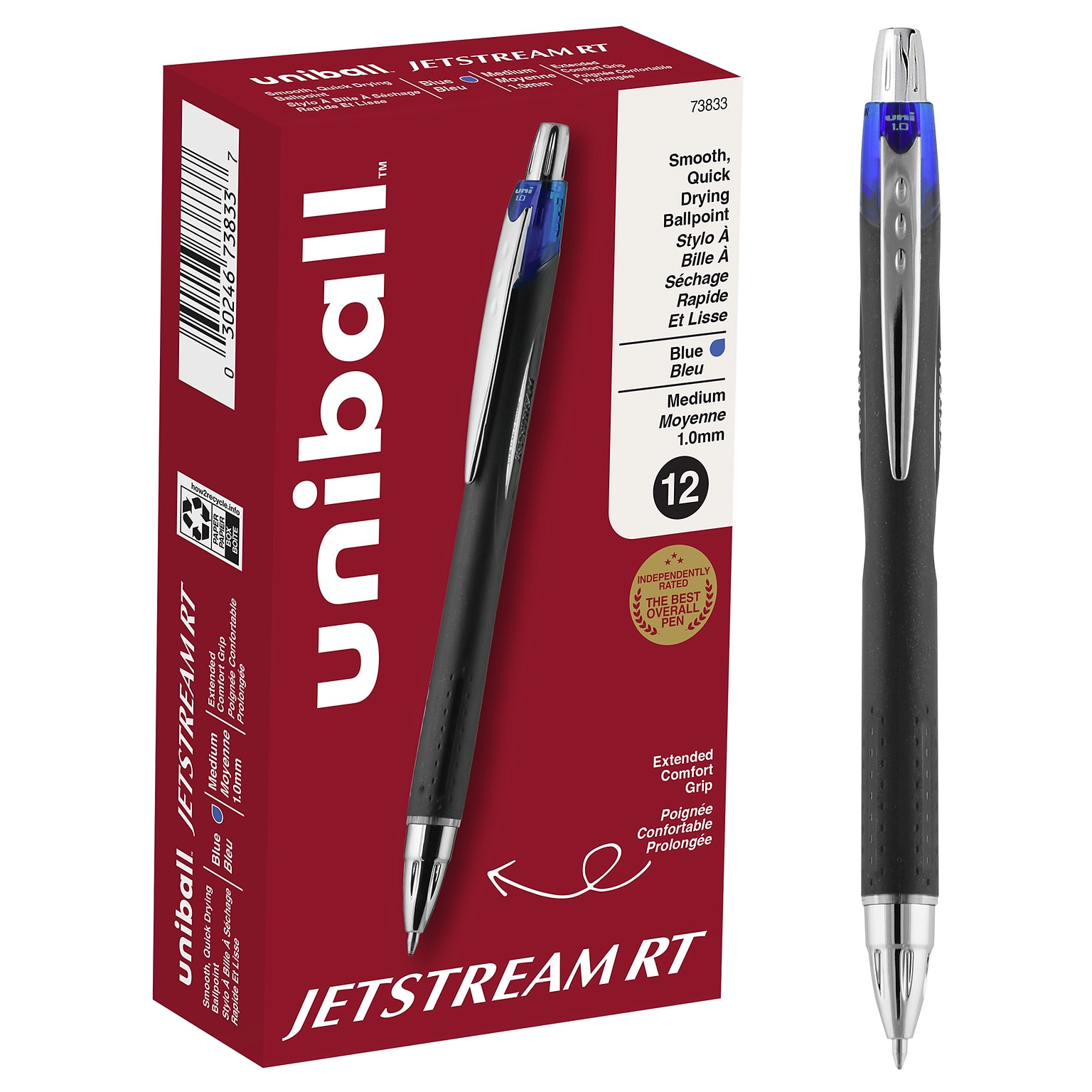 uni Jetstream RT Retractable Ballpoint Pen, Medium Point, 1.0mm, Blue Ink, Dozen (73833)