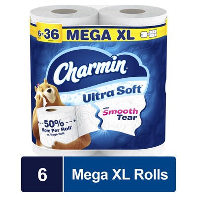 Charmin Ultra Soft Mega XL Toilet Paper, 2-Ply, White, 366 Sheets/Roll, 6 Rolls/Pack, 3 Packs/Carton (01568)