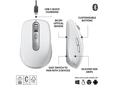 Logitech MX Anywhere 3S Wireless Optical Mouse, Pale Gray (910-006926)