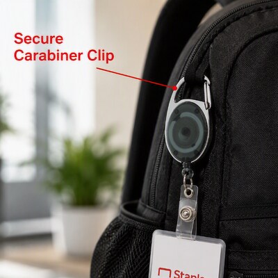 Staples Carabiner Name Tag Reel Clips, Smoke, Retractable Cord, Metal Carabiner Clip for Secure ID Badge Access, 10/Pack