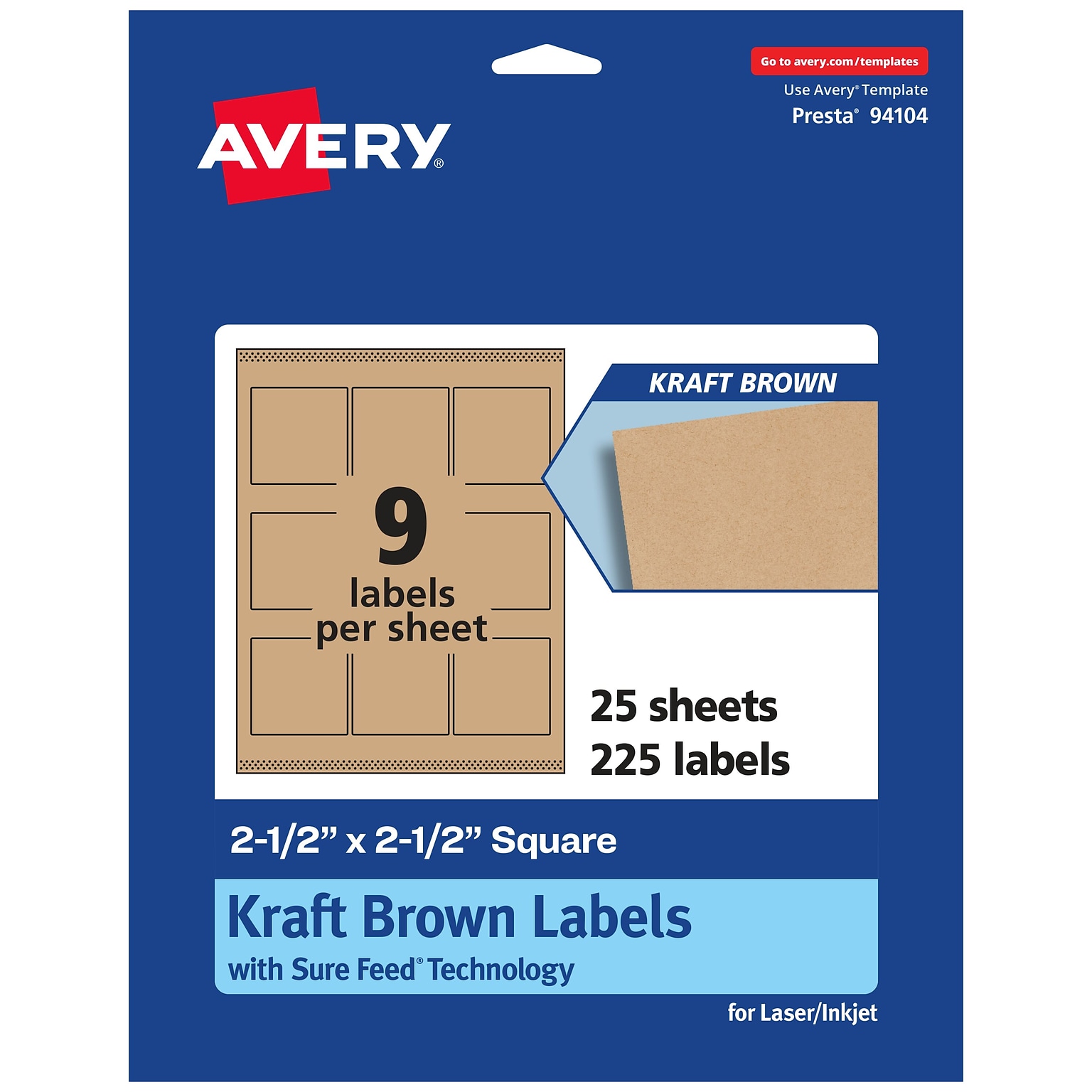 Avery Square Labels, 2.5 x 2.5, Kraft Brown, 225 Labels/Pack (94104)