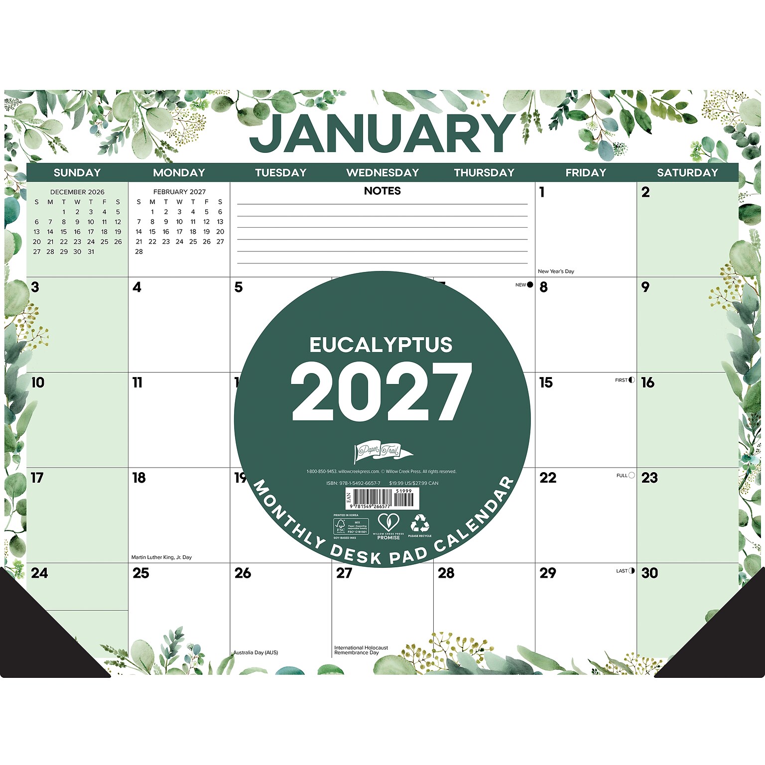 2027 Willow Creek Eucalyptus 22 x 17 Monthly Desk Pad Calendar, Assorted Colors (66577)