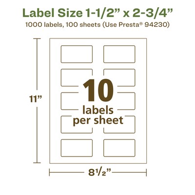 Avery EcoFriendly Laser/Inkjet Rectangle Multipurpose Labels, 1-1/2" x 2-3/4", White, 1000/Box (94230)