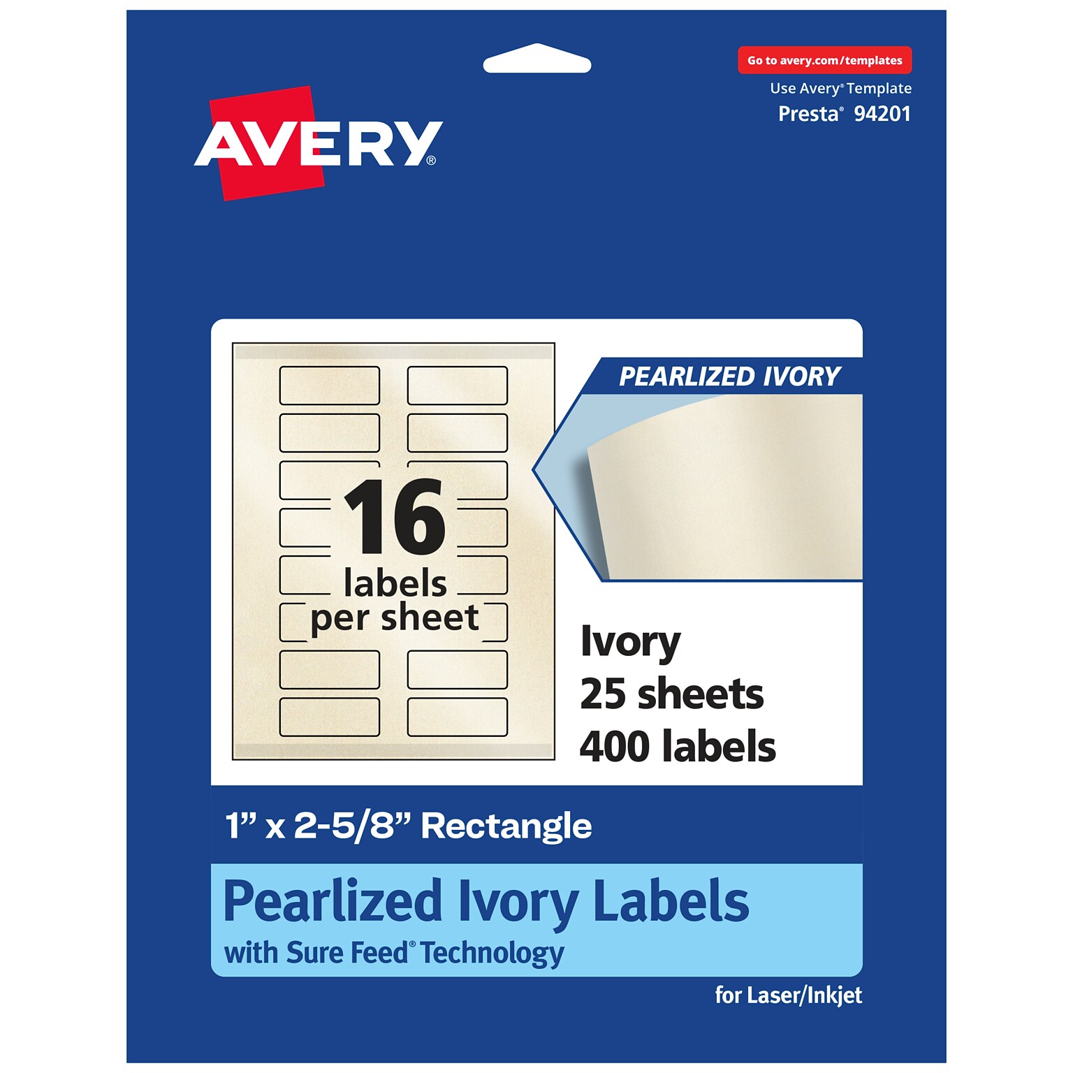 Avery Pearlized Ivory Rectangle Multipurpose Labels, 1 x 2-5/8, Ivory, 400/Pack (94201)
