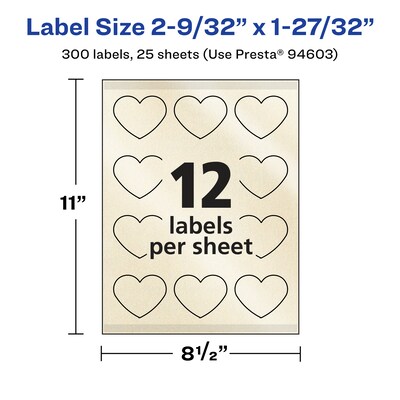Avery Pearlized Ivory Heart Shaped Multipurpose Labels, 2-9/32" x 1-27/32", Ivory, 300/Pack (94603)