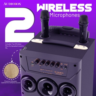 Audiobox Wireless Bluetooth Party Speaker with Dual 8-In. Woofers, Lights, Wireless Mics, WaveSync & Remote, Black (ABX-8080R)