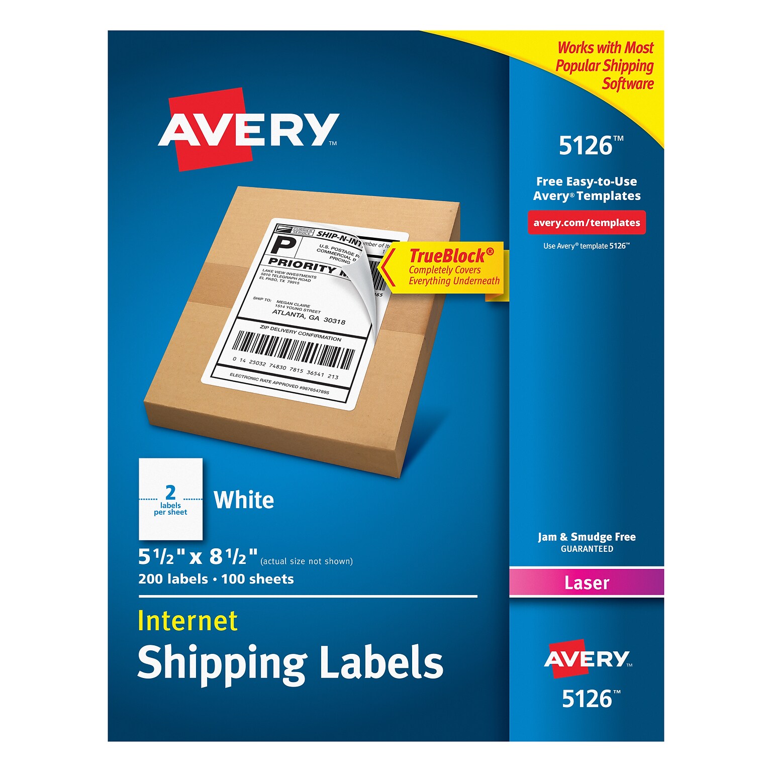 Avery TrueBlock Laser Shipping Labels, 5-1/2 x 8-1/2, White, 200 Labels/Box (5126)