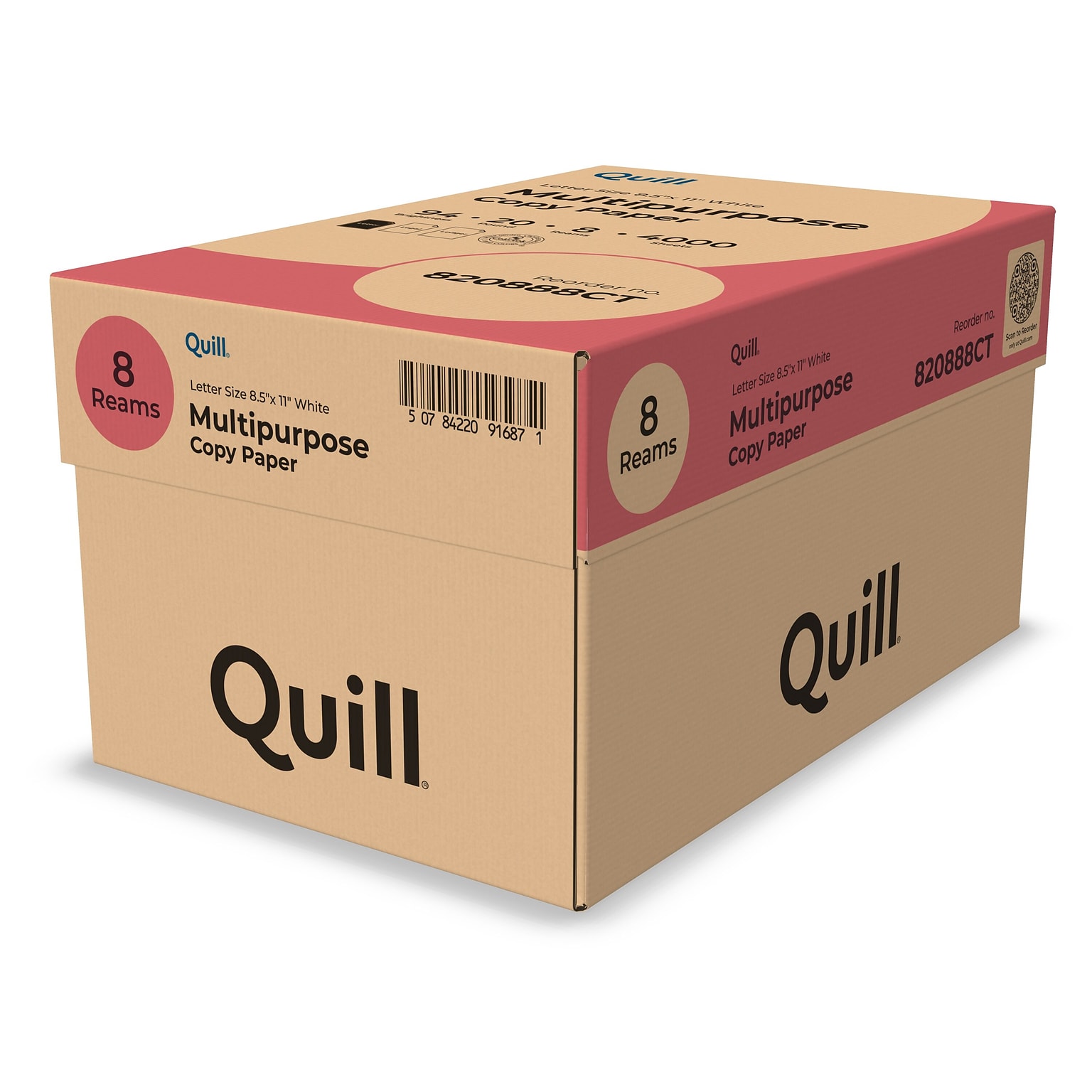 Quill Brand® 8.5 x 11 Multipurpose Copy Paper, 20 lbs., 94 Brightness, 500 Sheets/Ream, 8 Reams/Carton (820888CT)