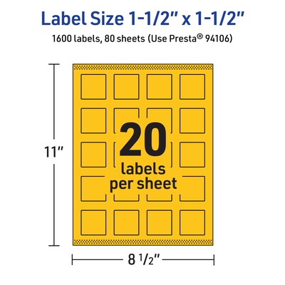Avery Laser/Inkjet Square Multipurpose Labels, 1.5" x 1.5", Bright Yellow, 1600/Box (94106)