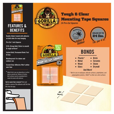 Gorilla Tough & Clear Double-Sided Mounting Tape Squares, 1" x 1", 24/Pack, Clear (6067202)