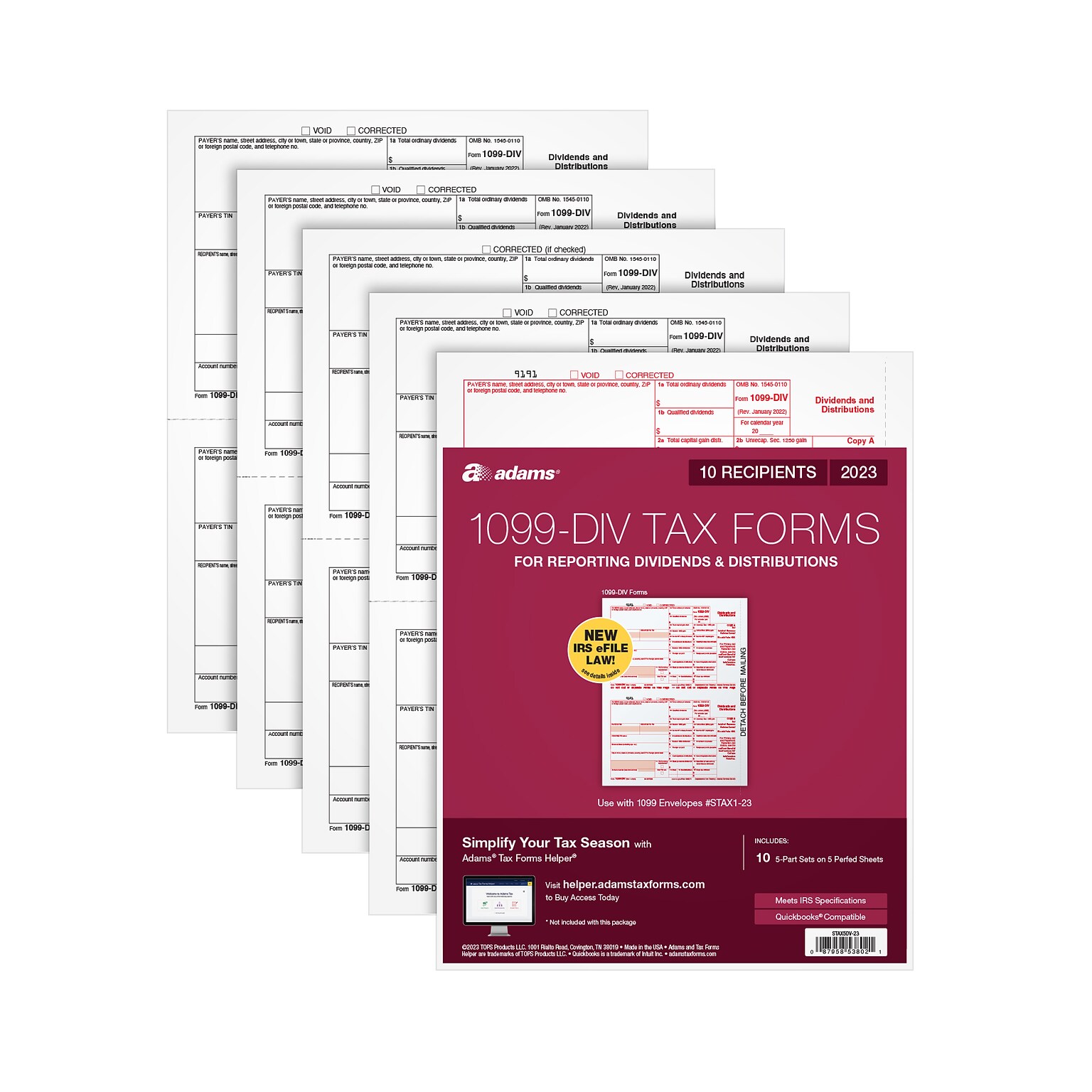 Adams 2023 1099-DIV Tax Forms, 5-Part, 10/Pack (STAX5DV-23)