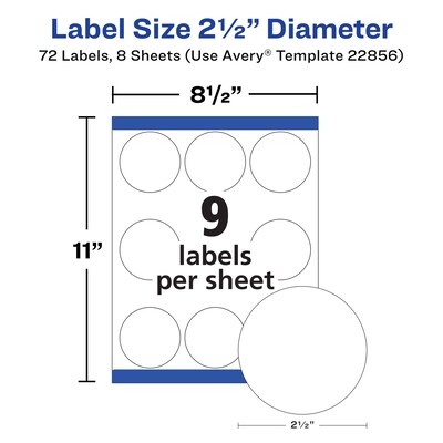 Avery Waterproof Laser/Inkjet Round Labels, 2 1/2" Dia, White, 72 Labels/Pack (22856)
