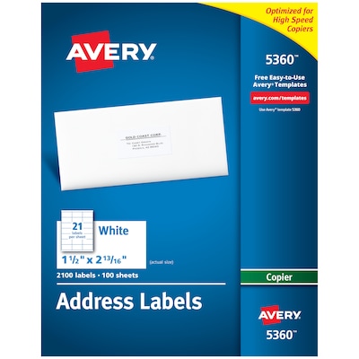 Avery Address Labels for Copiers, 1-1/2 x 2-13/16, White, 21 Labels/Sheet, 100 Sheets/Box (5360)